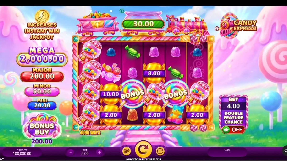 Candy Express Gold Blitz slot game interface na may makulay na candy theme at tren.